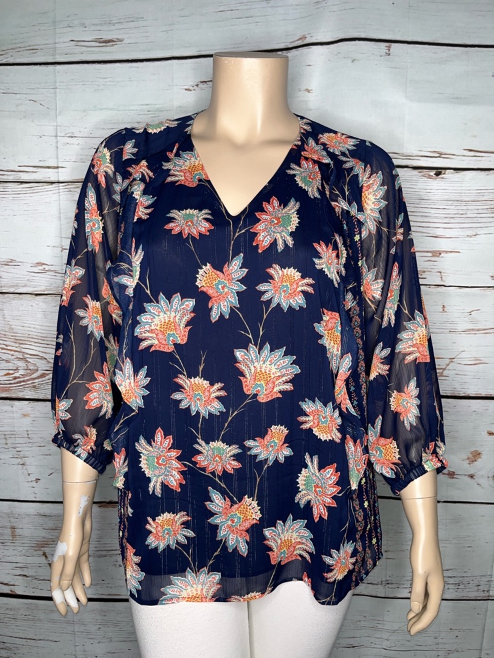 Belle by Kim Gravel Size 1X Blue - Floral Print Ruffle Trim Blouse Top